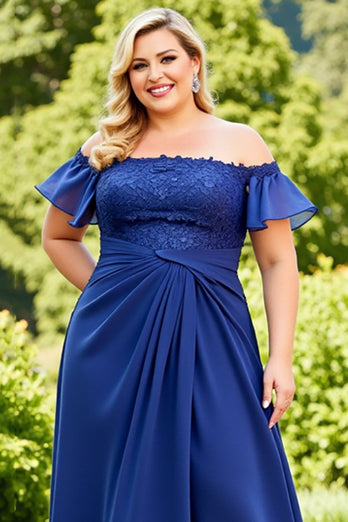 Plus Size Navy Chiffon Ruched Mother of the Bride Dress with Appliques