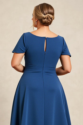 Plus Size Ink Blue Scoop Neck A Line Mother of the Bride Dress
