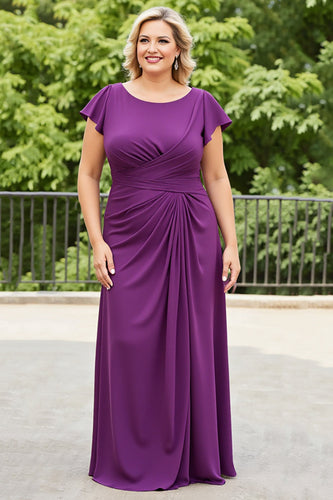 Plus Size Purple Ruched Maxi Mother of the Bride Dress with Ruffles