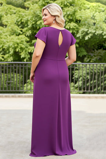 Plus Size Purple Ruched Maxi Mother of the Bride Dress with Ruffles