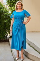 Load image into Gallery viewer, Plus Size Blue Chiffon Sheath Ruched Mother of the Bride Dress