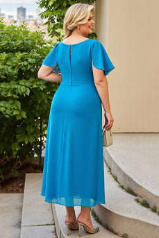 Plus Size Blue Chiffon Sheath Ruched Mother of the Bride Dress