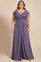 Load image into Gallery viewer, Plus Size Grey Purple Ruched Maxi Mother of the Bride Dress with Appliques