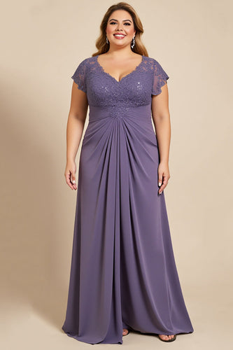 Plus Size Grey Purple Ruched Maxi Mother of the Bride Dress with Appliques