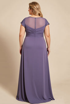Plus Size Grey Purple Ruched Maxi Mother of the Bride Dress with Appliques