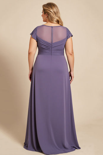 Plus Size Grey Purple Ruched Maxi Mother of the Bride Dress with Appliques