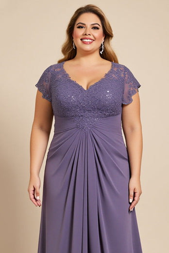 Plus Size Grey Purple Ruched Maxi Mother of the Bride Dress with Appliques