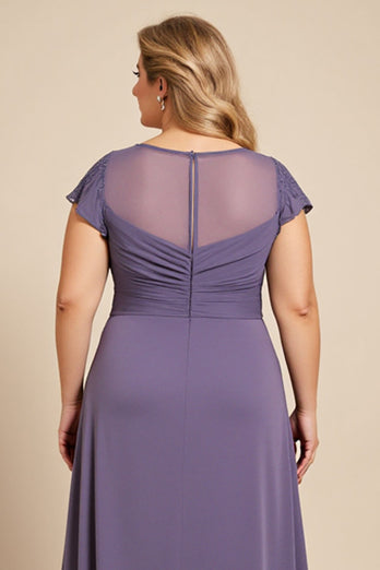 Plus Size Grey Purple Ruched Maxi Mother of the Bride Dress with Appliques
