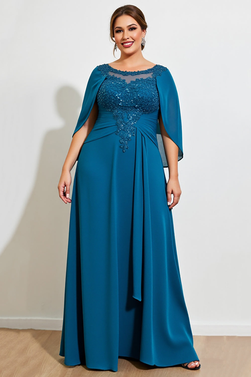 Peacock A Line Appliqued Plus Size Mother of the Bride Dress with Cape