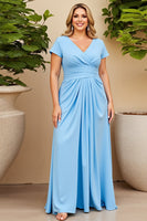 Load image into Gallery viewer, Sky Blue V-Neck Plus Size Long Ruched Mother of the Bride Dress