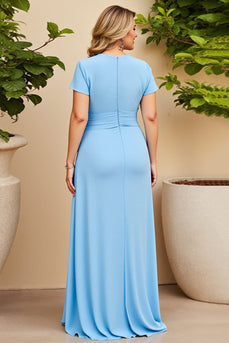 Sky Blue V-Neck Plus Size Long Ruched Mother of the Bride Dress