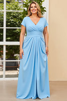 Load image into Gallery viewer, Sky Blue V-Neck Plus Size Long Ruched Mother of the Bride Dress