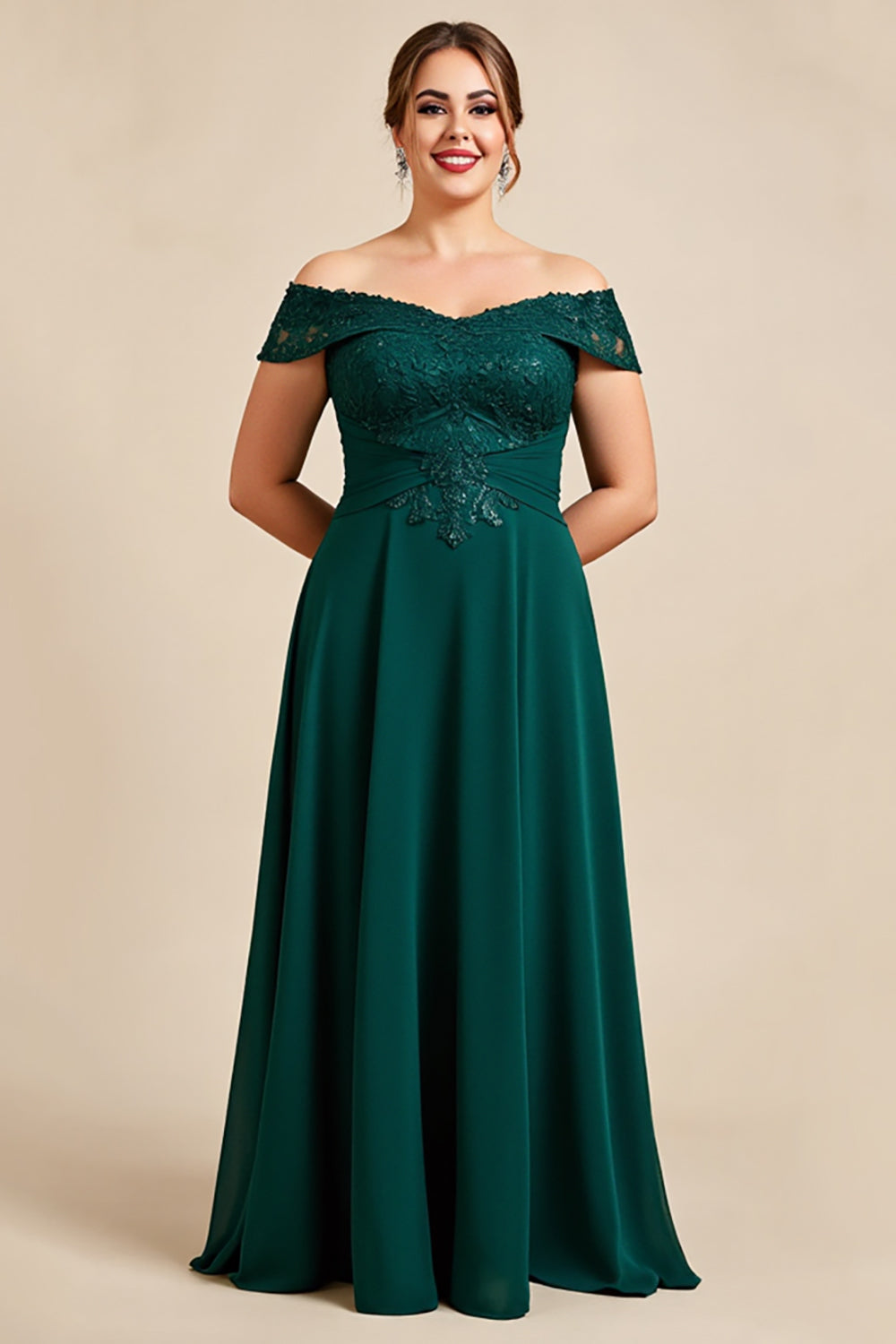 Off the Shoulder Pine A Line Plus Size Mother of the Bride Dress