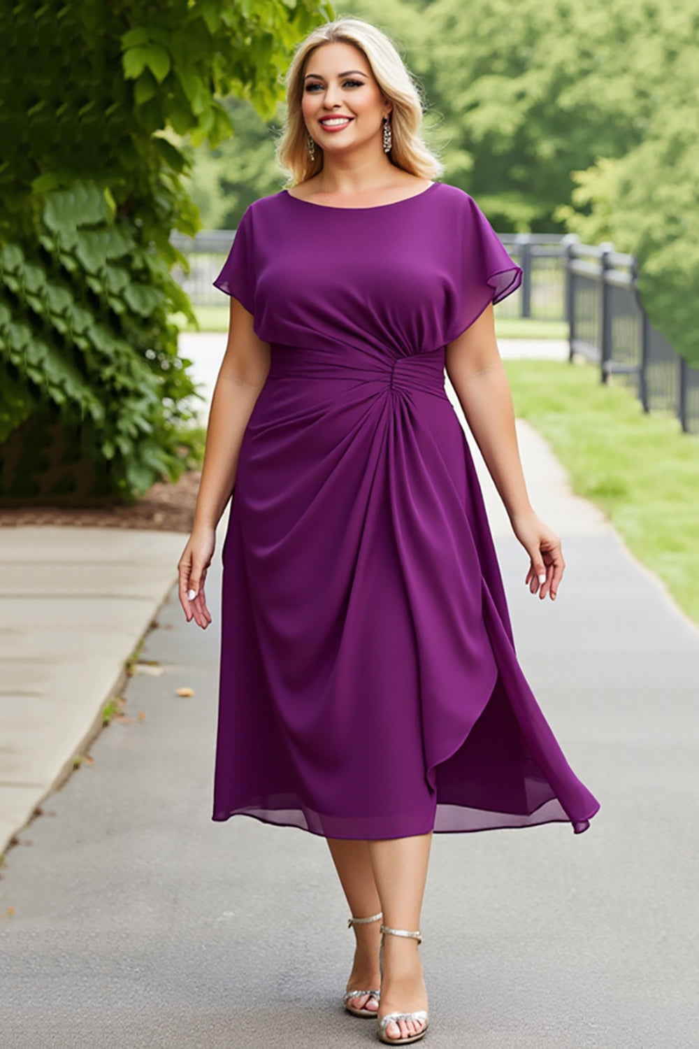 Purple Chiffon Ruched Plus Size A Line Long Mother of the Bride Dress