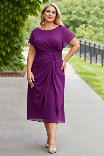 Purple Chiffon Ruched Plus Size A Line Long Mother of the Bride Dress