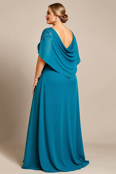 Plus Size Peacock Chiffon Ruched Mother of the Bride Dress with Appliques