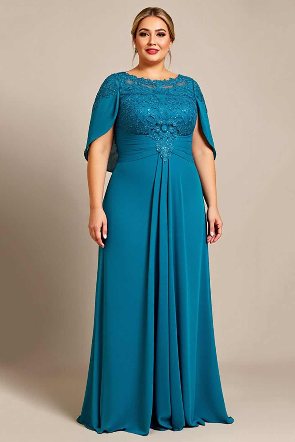 Plus Size Peacock Chiffon Ruched Mother of the Bride Dress with Appliques