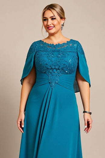 Plus Size Peacock Chiffon Ruched Mother of the Bride Dress with Appliques