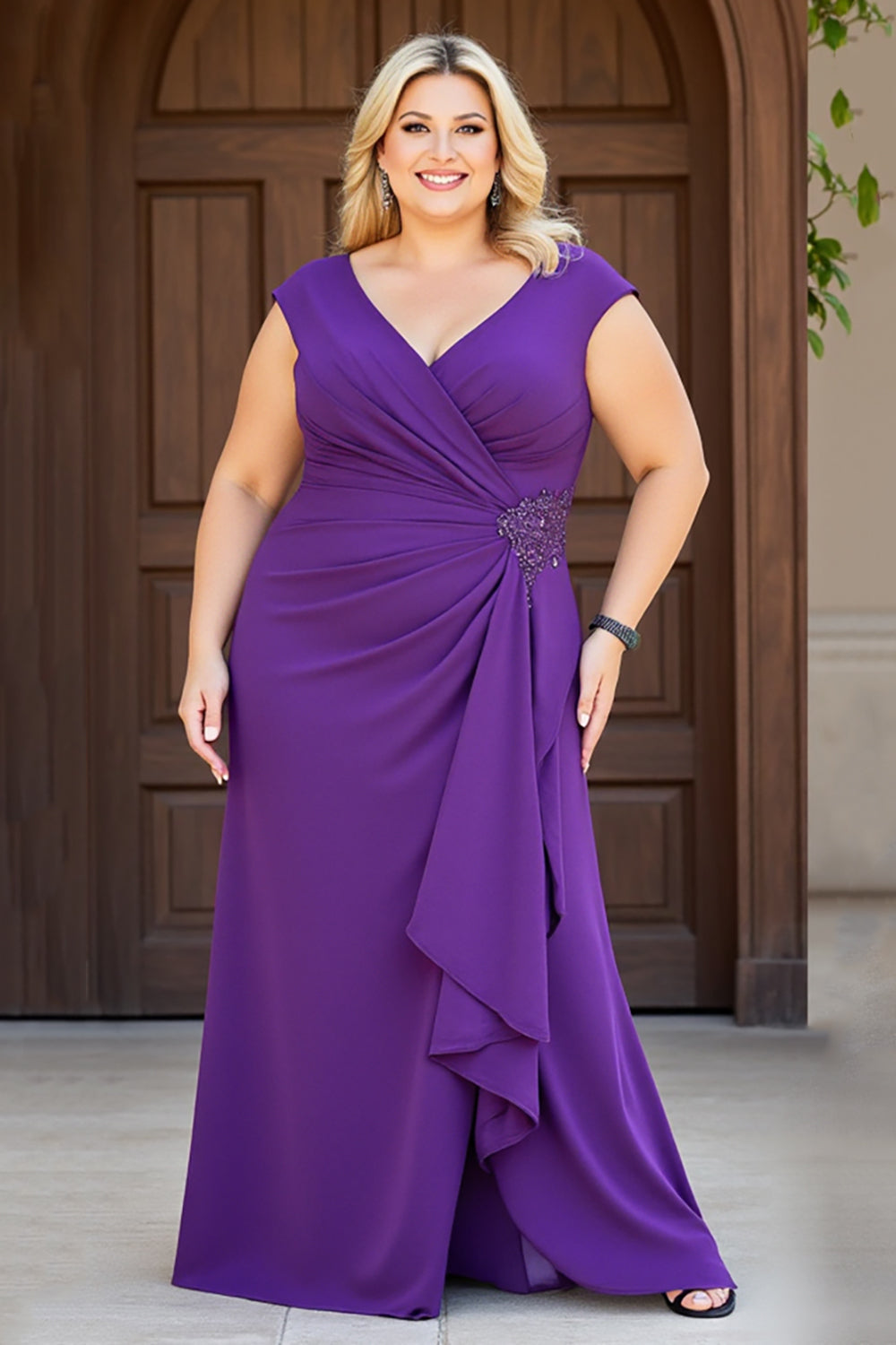 Purple V-Neck Ruched Plus Size Mother of the Bride Dress