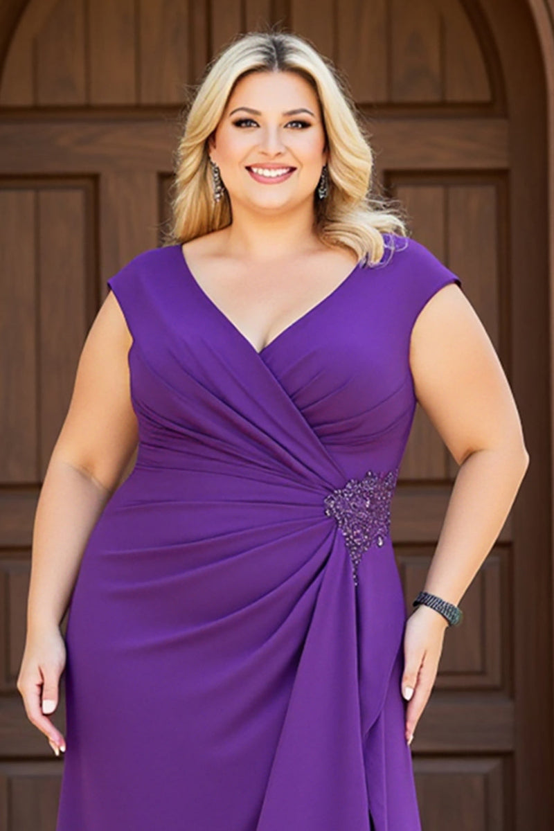 Load image into Gallery viewer, Purple V-Neck Ruched Plus Size Mother of the Bride Dress