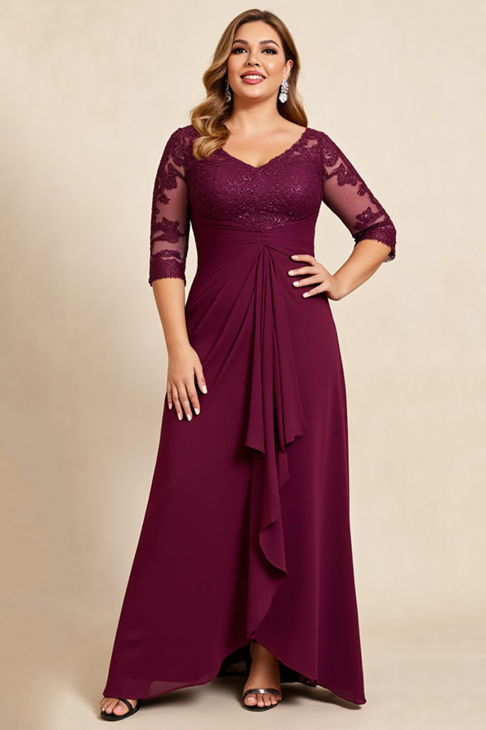 Plus Size Burgundy Chiffon Mother of the Bride Dress with Appliques