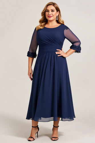 Plus Size Navy A Line Ruched Long Chiffon Mother of the Bride Dress
