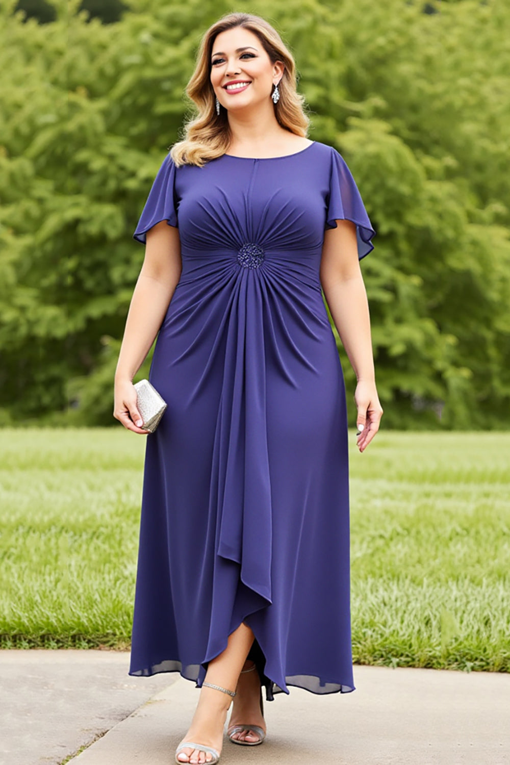 Navy Chiffon Ruched Plus Size Mother of the Bride Dress with Ruffles