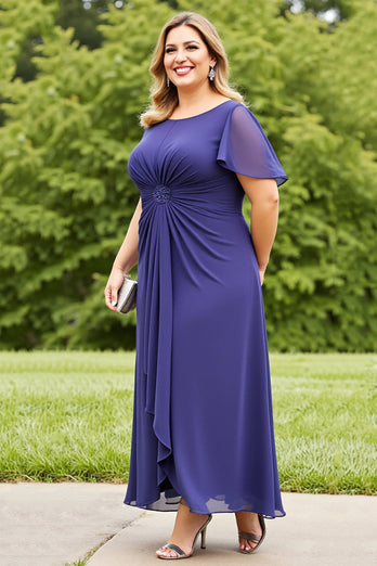 Navy Chiffon Ruched Plus Size Mother of the Bride Dress with Ruffles