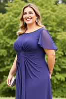 Load image into Gallery viewer, Navy Chiffon Ruched Plus Size Mother of the Bride Dress with Ruffles