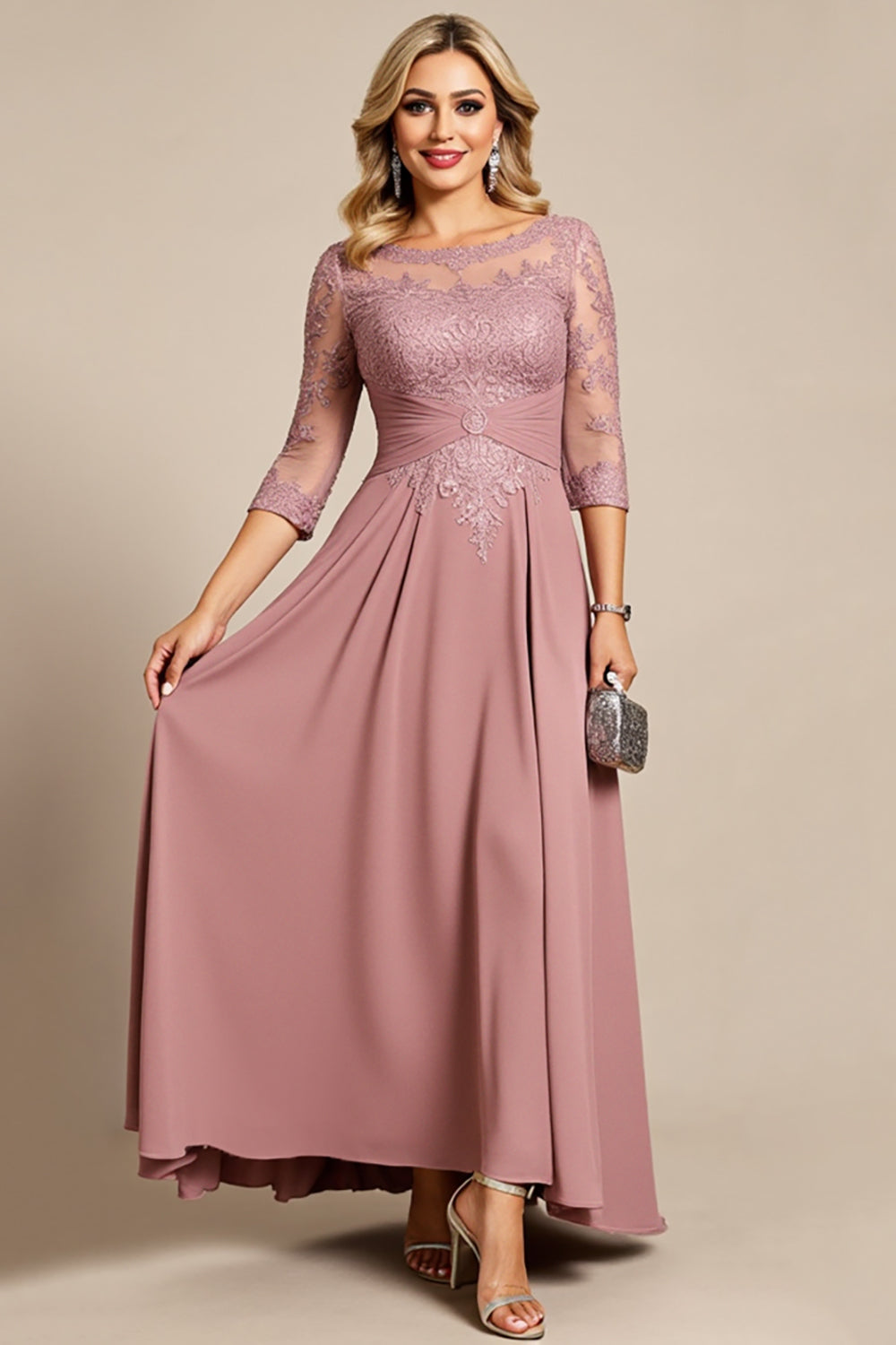 Dusty Rose A Line Boat Neck Long Mother of the Bride Dress with Appliques