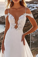Load image into Gallery viewer, Ivory Chiffon Sweep Train Spaghetti Straps Boho Wedding Dress with Lace