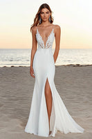 Load image into Gallery viewer, Ivory Sweep Train Spaghetti Straps Mermaid Boho Wedding Dress with Slit