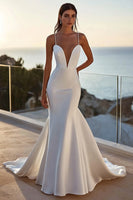 Load image into Gallery viewer, Simple Ivory Satin Sweep Train Spaghetti Straps Mermaid Wedding Dress