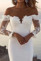 Load image into Gallery viewer, Ivory Sweep Train Off the Shoulder Mermaid Wedding Dress with Lace
