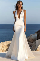 Load image into Gallery viewer, Simple Ivory Satin Sweep Train V Neck Mermaid Wedding Dress