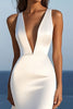 Load image into Gallery viewer, Simple Ivory Satin Sweep Train V Neck Mermaid Wedding Dress