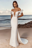 Load image into Gallery viewer, Ivory Satin Sweep Train Off the Shoulder Mermaid Wedding Dress with Lace