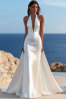 Load image into Gallery viewer, Simple Ivory Satin Sweep Train Halter Mermaid Wedding Dress