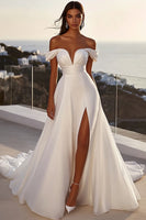 Load image into Gallery viewer, Ivory Satin Sweep Train Off the Shoulder A Line Wedding Dress with Slit