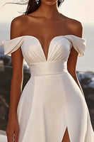 Load image into Gallery viewer, Ivory Satin Sweep Train Off the Shoulder A Line Wedding Dress with Slit