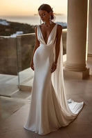 Load image into Gallery viewer, Simple Ivory Satin Watteau Train V Neck Mermaid Wedding Dress