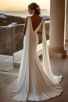 Load image into Gallery viewer, Simple Ivory Satin Watteau Train V Neck Mermaid Wedding Dress