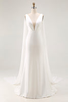 Load image into Gallery viewer, Simple Ivory Satin Watteau Train V Neck Mermaid Wedding Dress