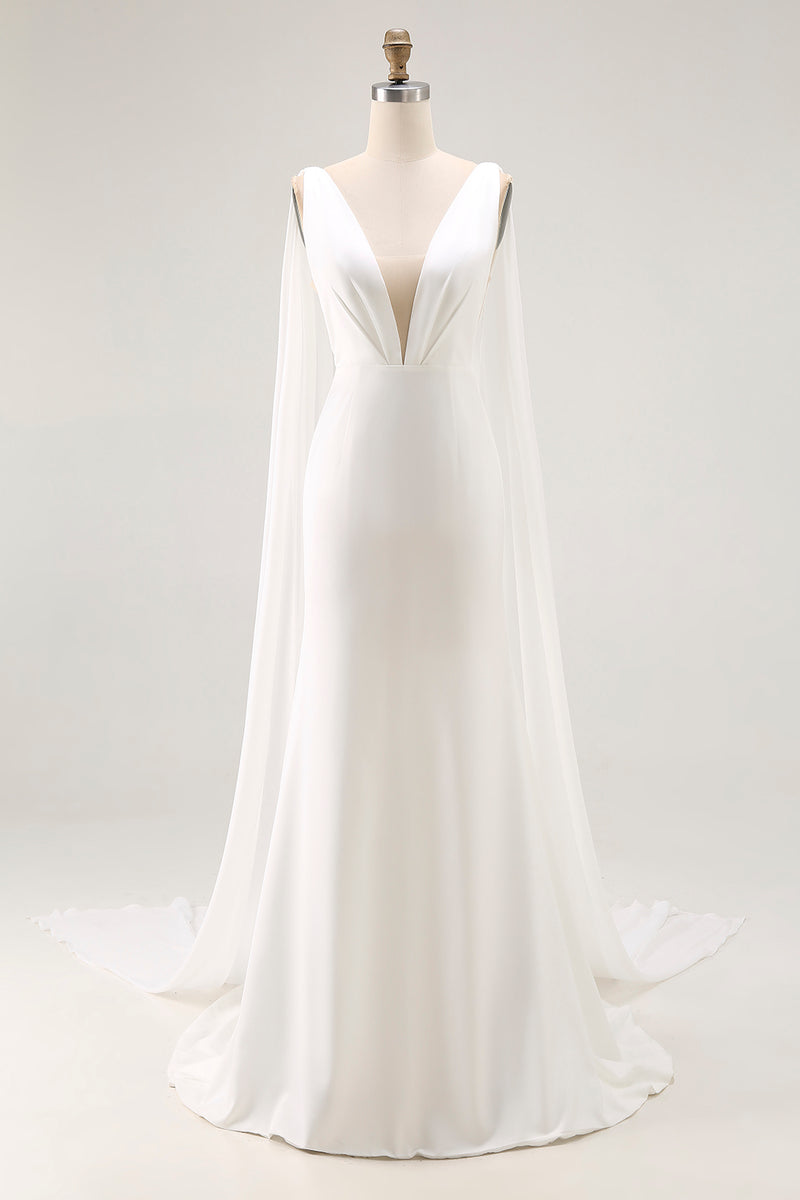 Load image into Gallery viewer, Simple Ivory Satin Watteau Train V Neck Mermaid Wedding Dress
