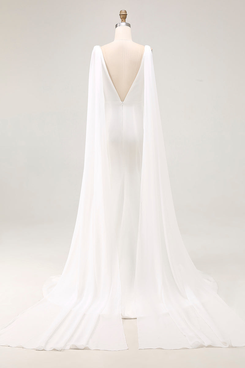 Load image into Gallery viewer, Simple Ivory Satin Watteau Train V Neck Mermaid Wedding Dress