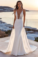 Load image into Gallery viewer, Ivory Satin Watteau Train Mermaid V Neck Wedding Dress