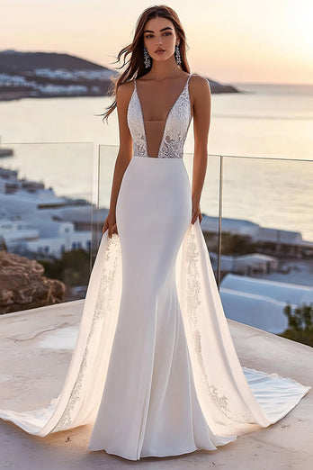Ivory Satin Watteau Train Mermaid V Neck Wedding Dress