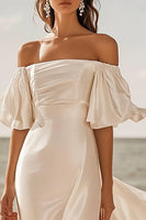 Load image into Gallery viewer, Ivory Satin Sweep Train Off the Shoulder Boho Wedding Dress