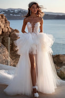 Load image into Gallery viewer, Ivory Tulle Asymmetrical Strapless Wedding Dress with Ruffles
