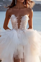 Load image into Gallery viewer, Ivory Tulle Asymmetrical Strapless Wedding Dress with Ruffles